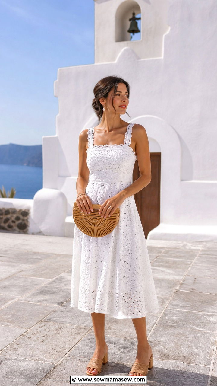 White Eyelet Midi Dress with Block Heel Mules - 40 Santorini outfit ideas