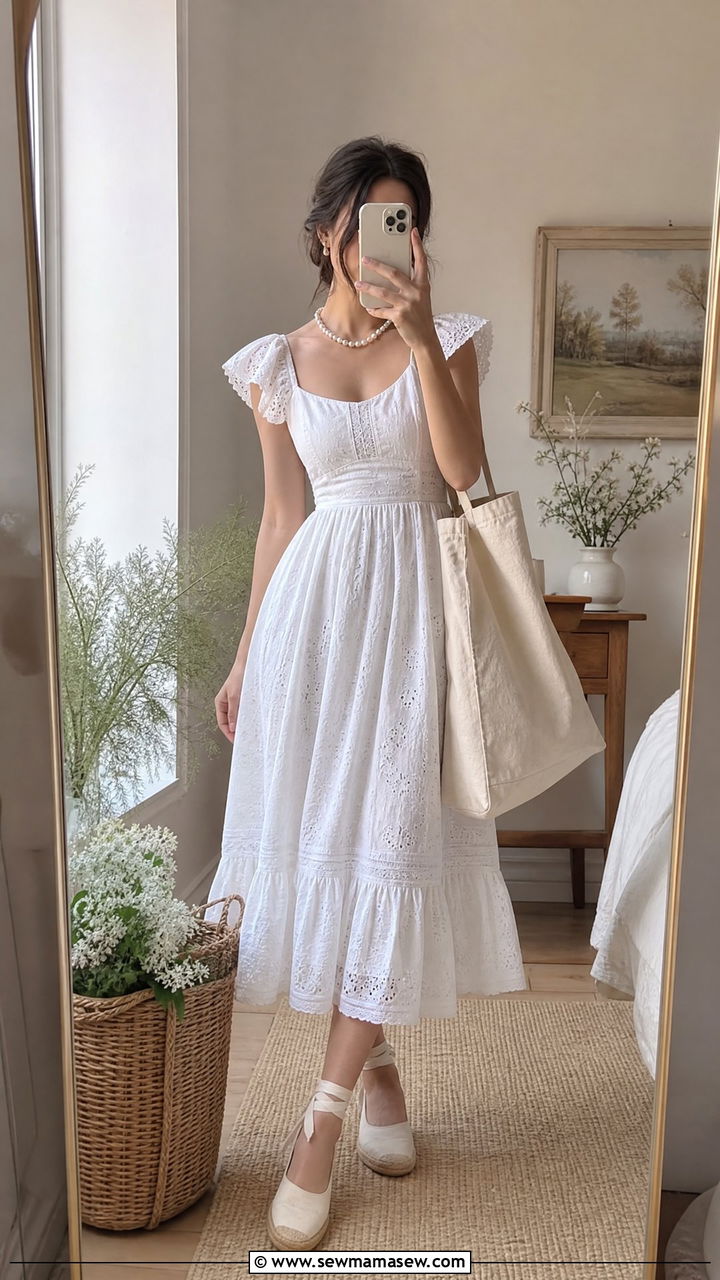 White Eyelet Midi Dress with Espadrilles and Tote Bag - 30 Cottagecore spring outfits