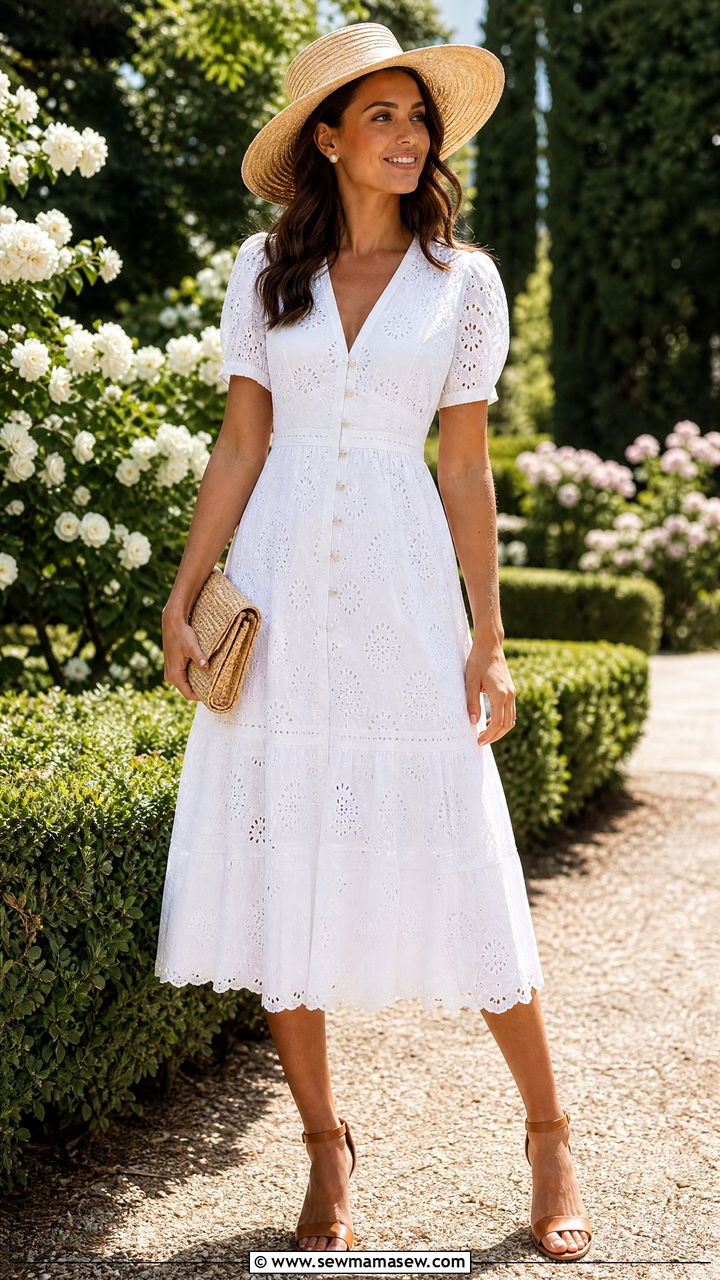 White Eyelet Midi Dress with Straw Hat - 35 Garden party outfit ideas