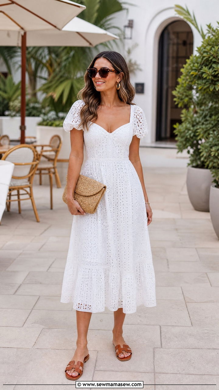 White Eyelet Midi Dress with Tan Slides - 35 Hotel brunch outfit ideas