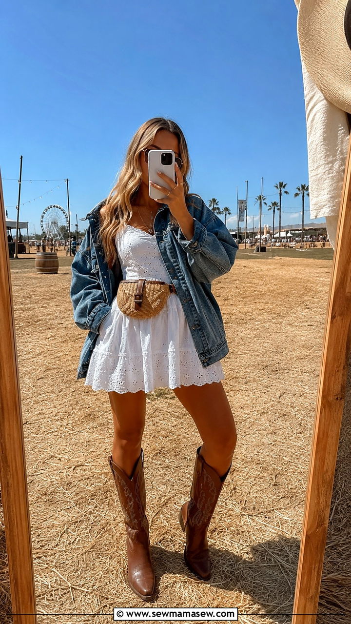 White Eyelet Mini Dress Denim Jacket And Cowboy Boots - 25 seasonal music festival outfit ideas