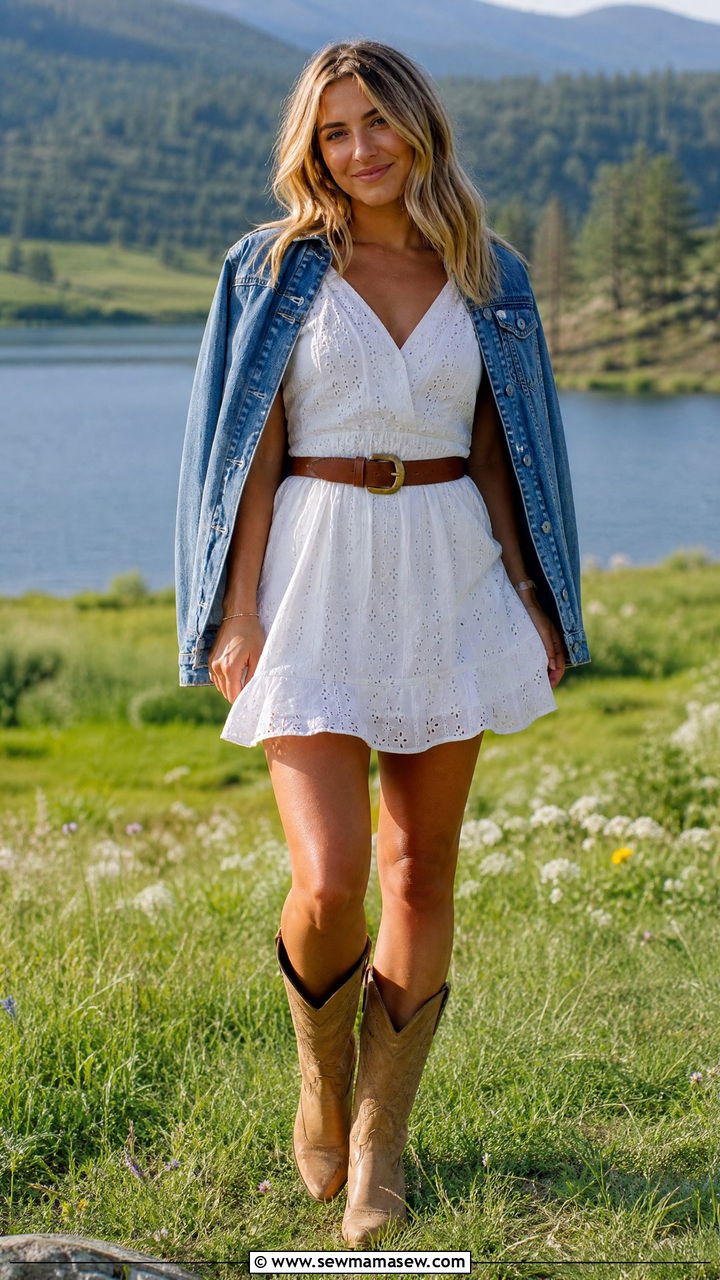 White Eyelet Mini Dress With Cowboy Boots - 30 Summer cabin weekend outfits