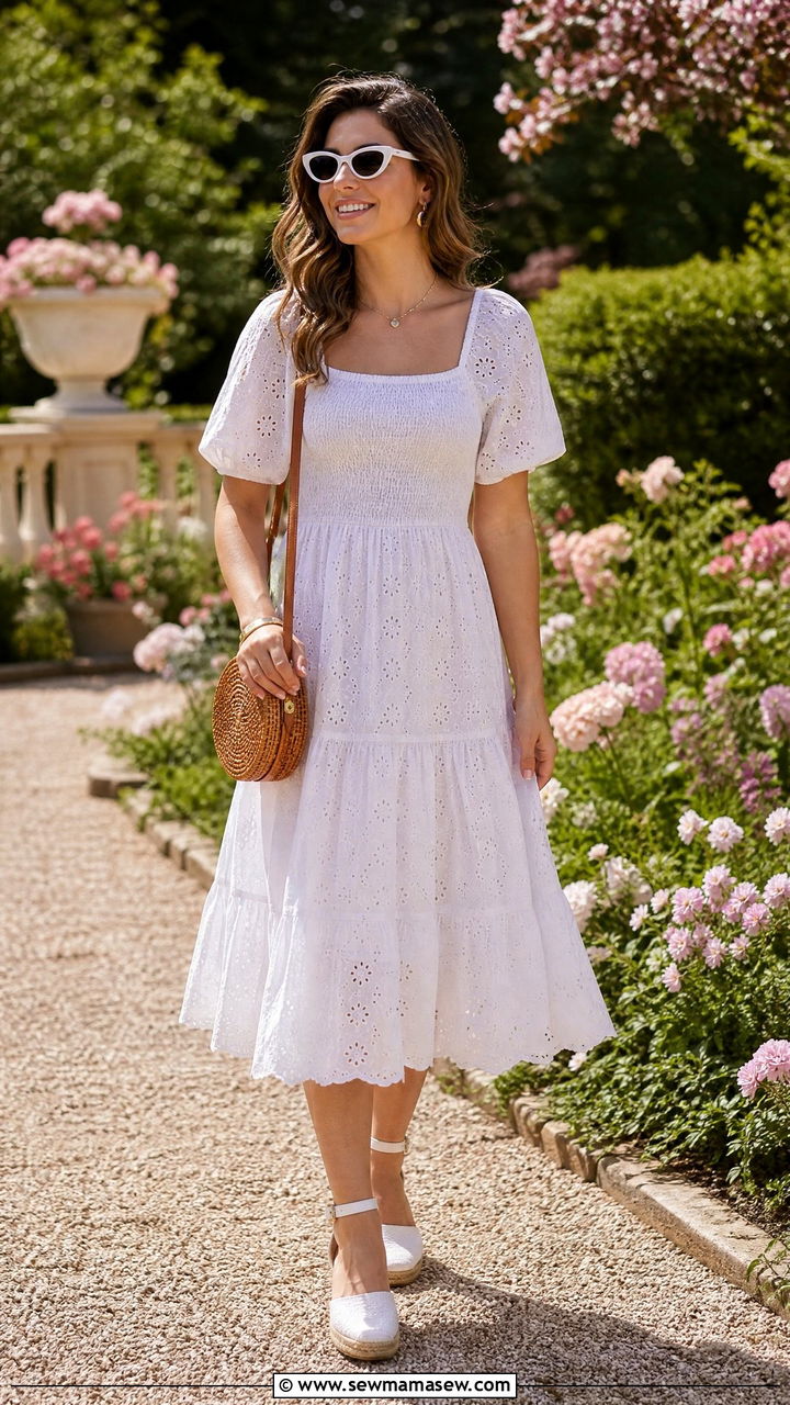 White Eyelet Puff Sleeve Dress With Espadrilles - 30 summer trendy outfit ideas
