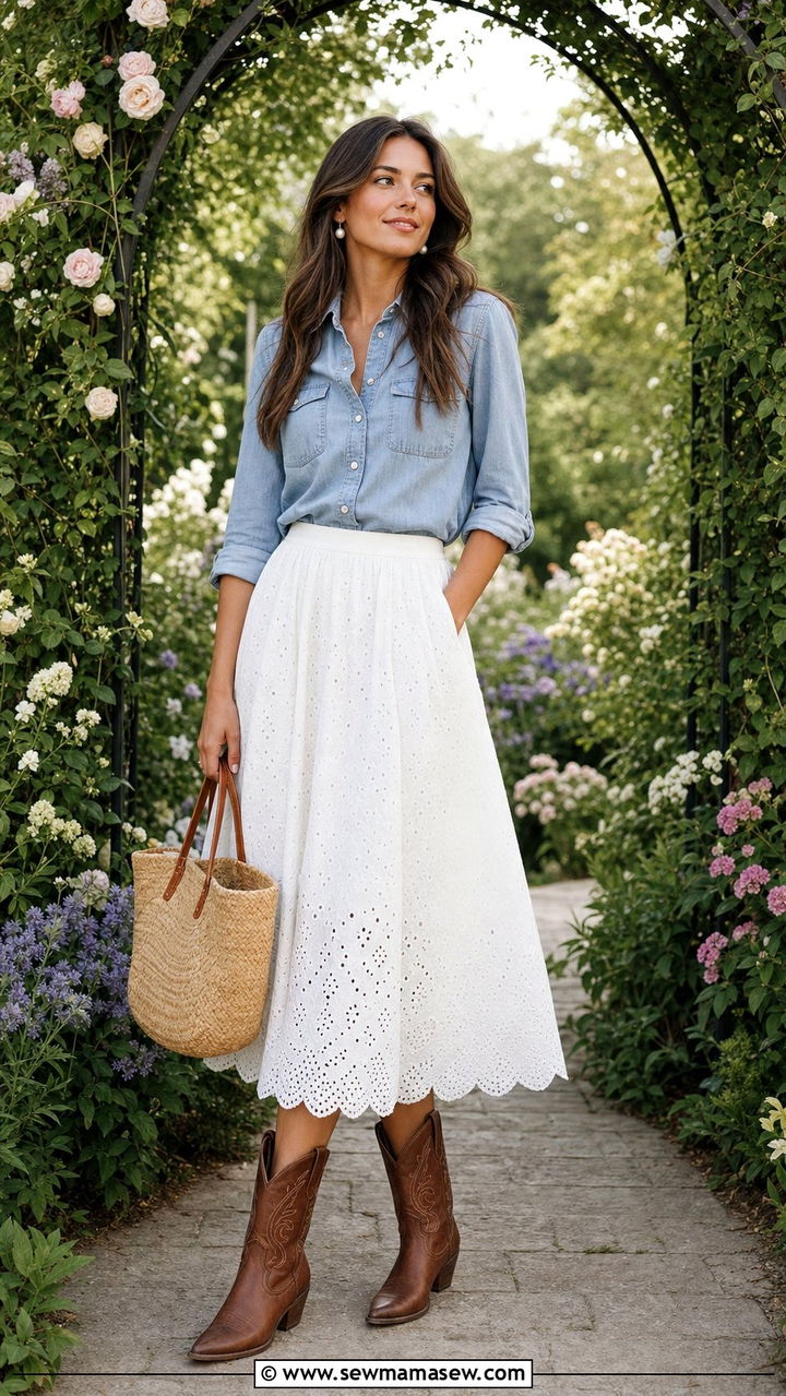 White Eyelet Skirt With Cowboy Boots Outfit - 25 Cowboy boots outfit ideas with a skirt