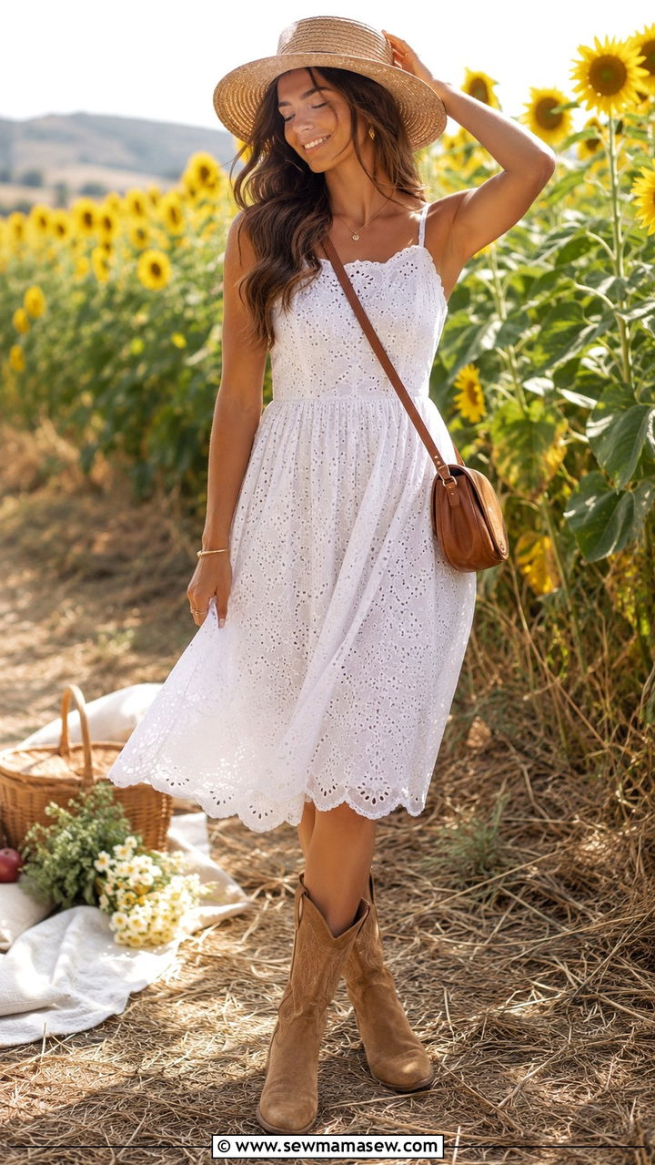 White Eyelet Sundress With Cowboy Boots - 25 Boho outfit ideas with cowboy boots