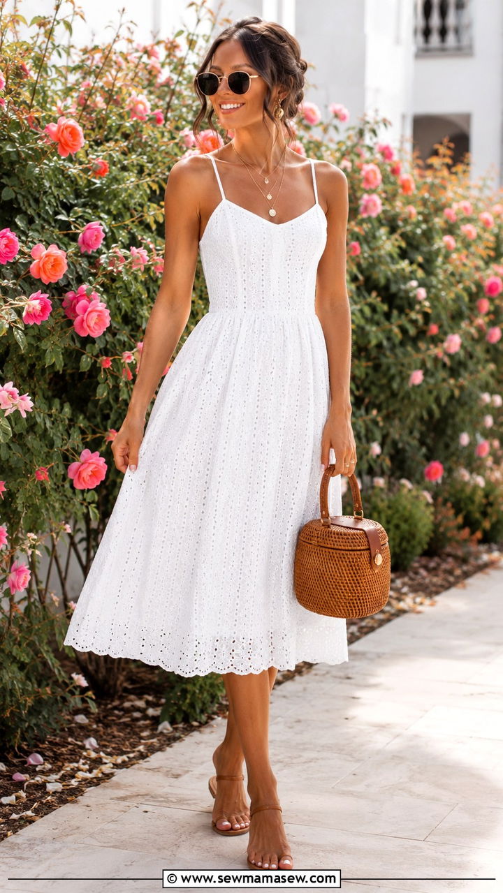 White Eyelet Sundress With Gold Jewelry - 30 Tomato girl summer outfits