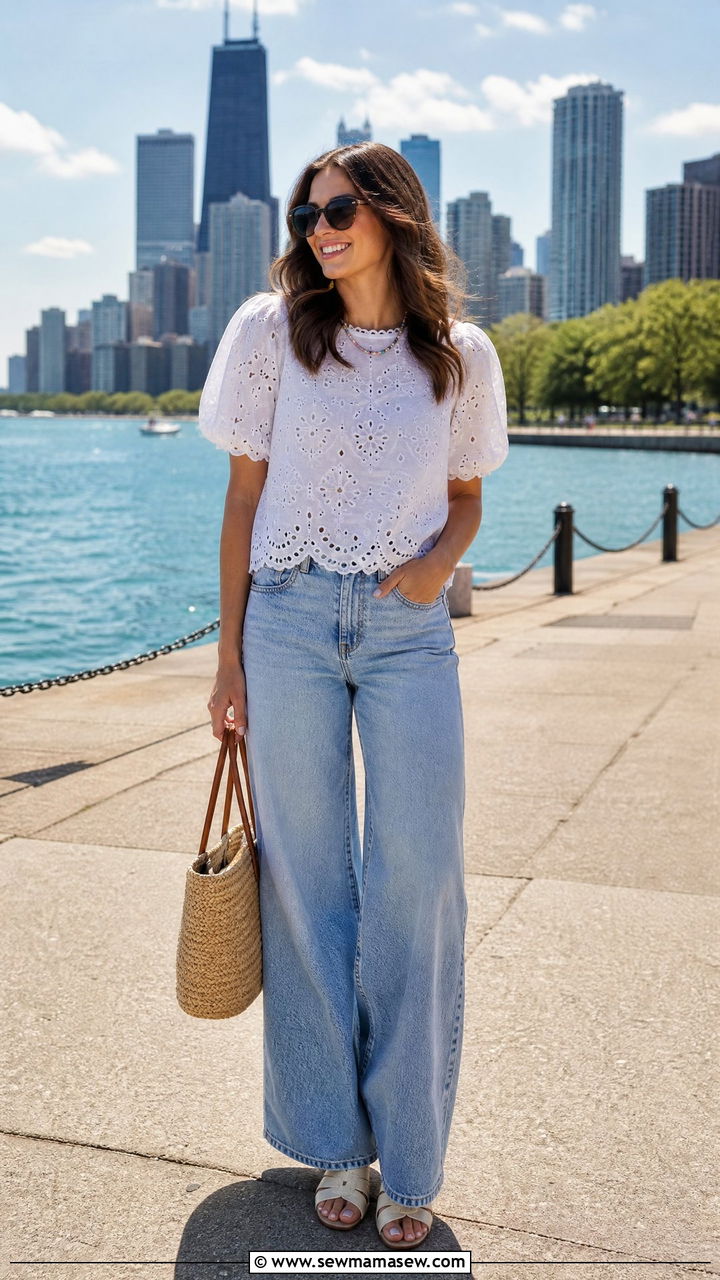 White Eyelet Top with Wide Leg Jeans and Beaded Necklace - 25 Chicago brunch outfit ideas