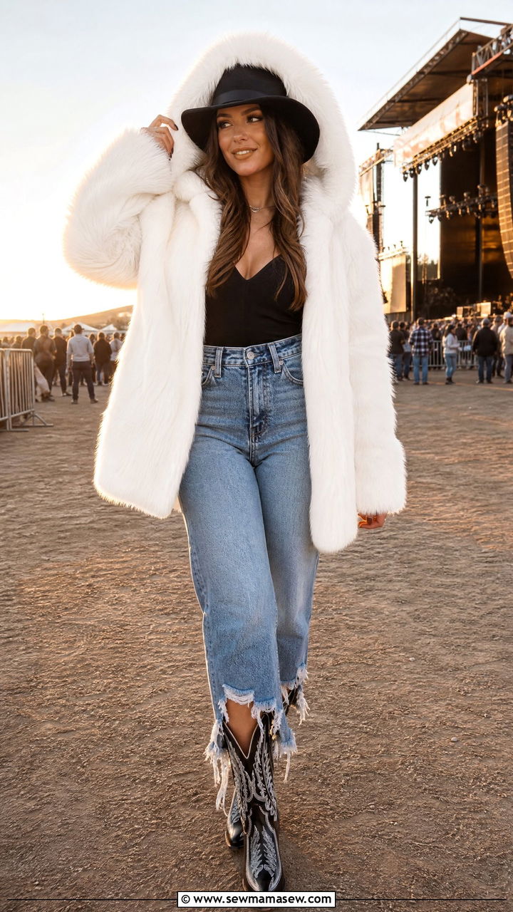 White Faux Fur Hooded Coat With Frayed Hem Jeans And Western Boots - 35 Hooded coat outfit ideas