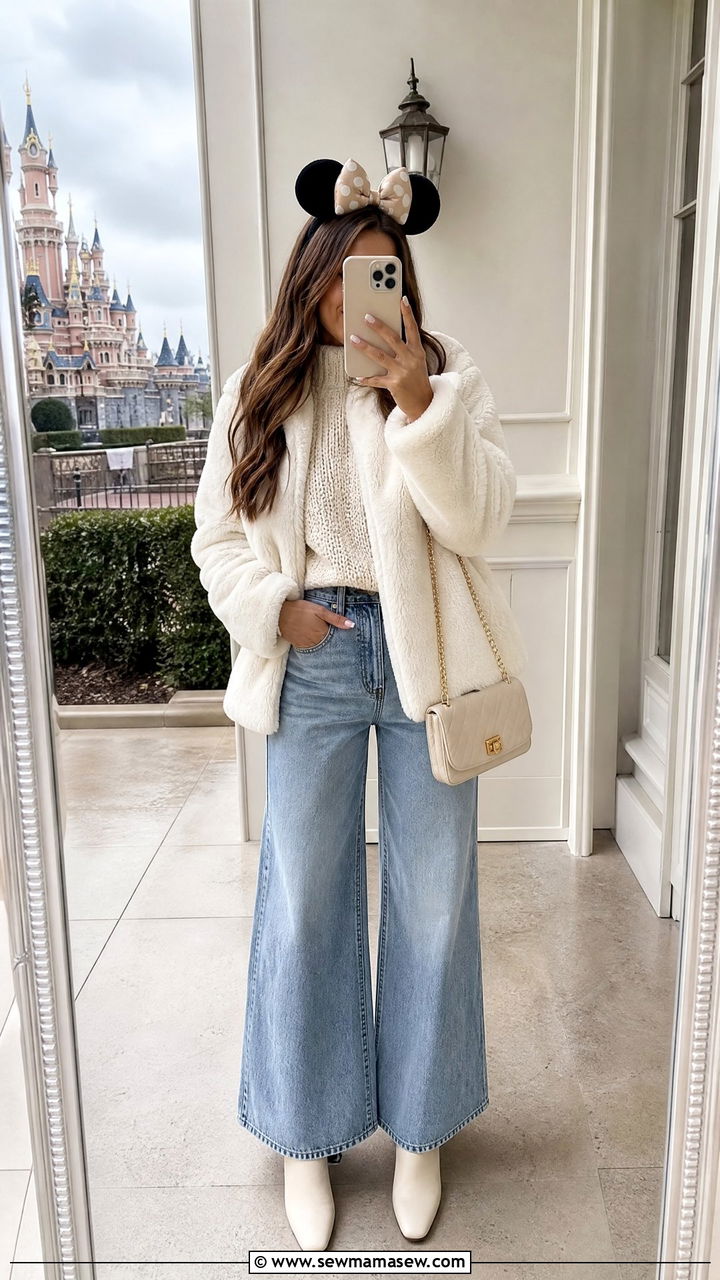 White Faux Fur Jacket and Wide Leg Jeans Soft Glam Look - 30 Disneyland Paris outfit ideas