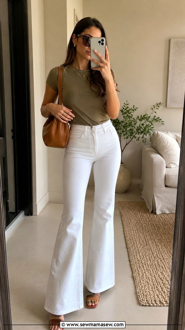 White Flared Pants And Khaki Top - 30 Quiet luxury summer outfits