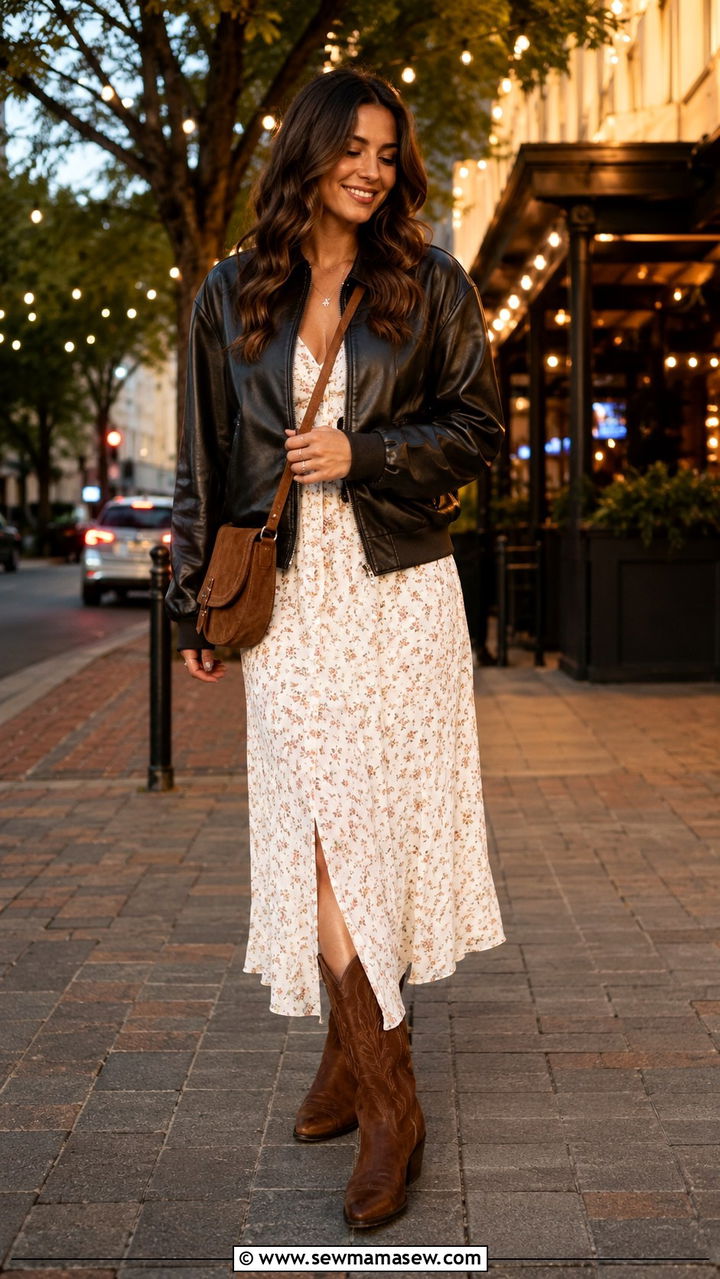 White Floral Dress With Leather Jacket - 30 Nashville outfit ideas for women