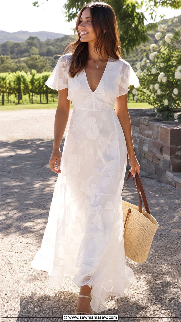White Floral Maxi Dress With Strappy Sandals - 30 cute bridal shower outfits