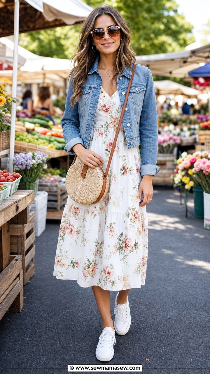 White Floral Print Dress With Denim Jacket - 25 spring white dress outfit ideas