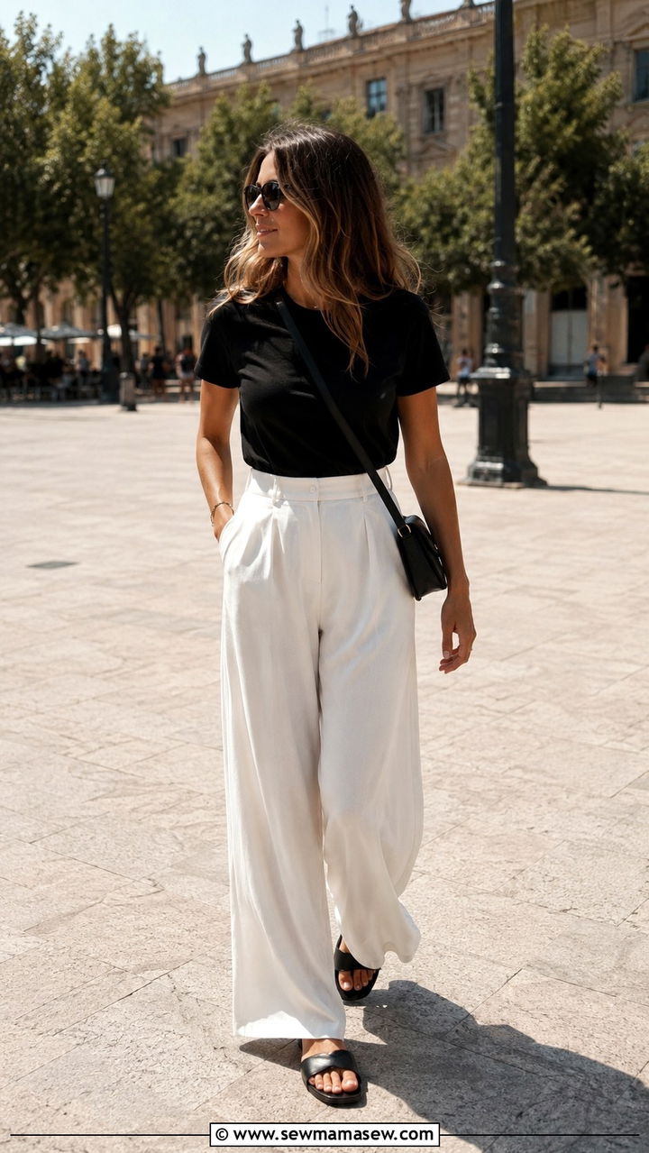 White Flowy Pants and Black T Shirt Outfit - 25 modest classy outfits inspo