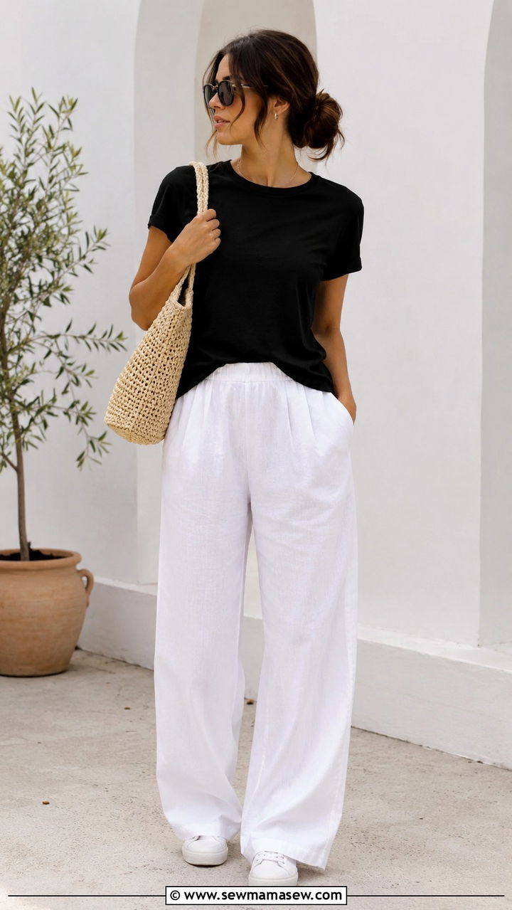 White Flowy Pants with Black T Shirt - 25 outfit ideas for modest women