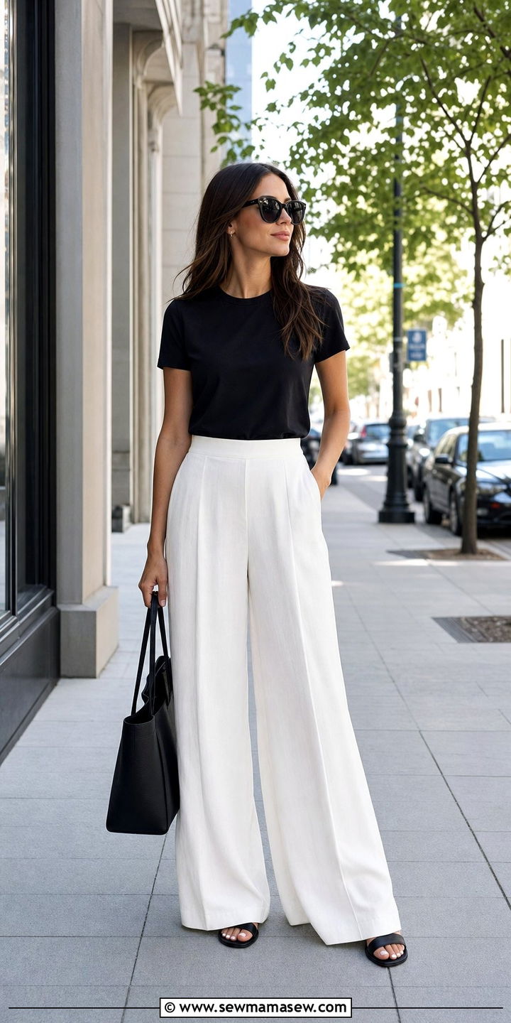 White Flowy Pants with Black T Shirt - 25 classy outfits for modest women