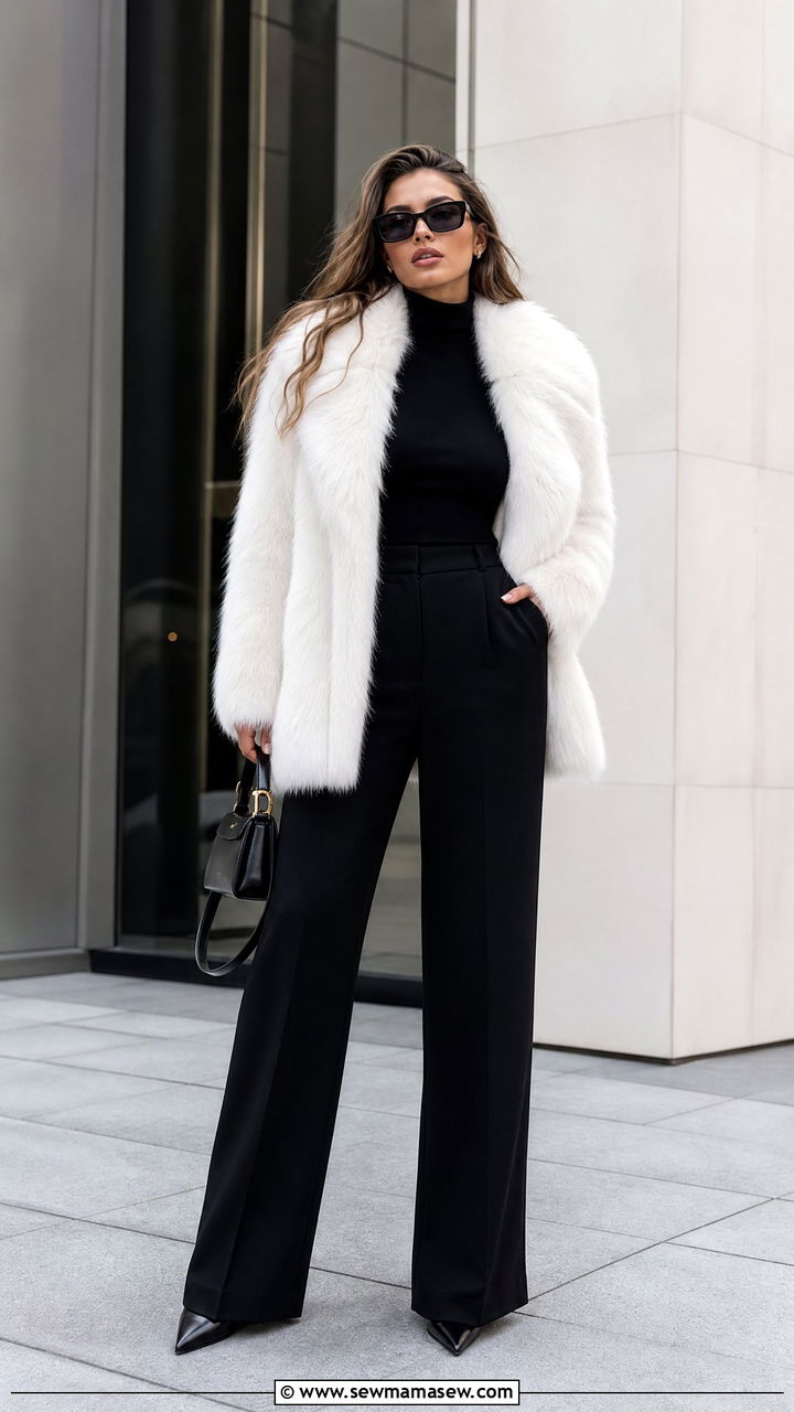 White Fur Coat with an All Black Base Layer - 35 Fur coat outfit ideas