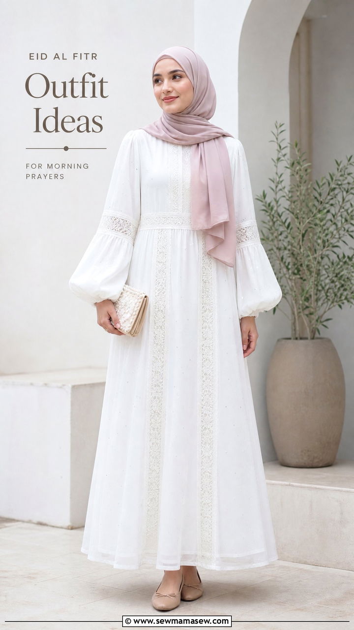 White Gamis with Lace and Sequins - 30 Eid al Fitr outfit ideas