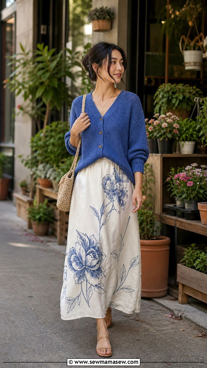White Graphic Maxi Skirt With Blue Knit Cardigan San Francisco - 40 San Francisco outfit ideas