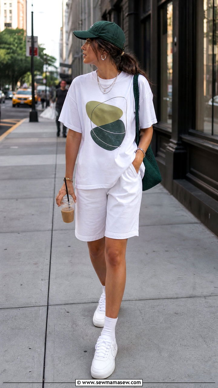 White Graphic Tee With White Bermuda Shorts - 30 Summer outfits in white