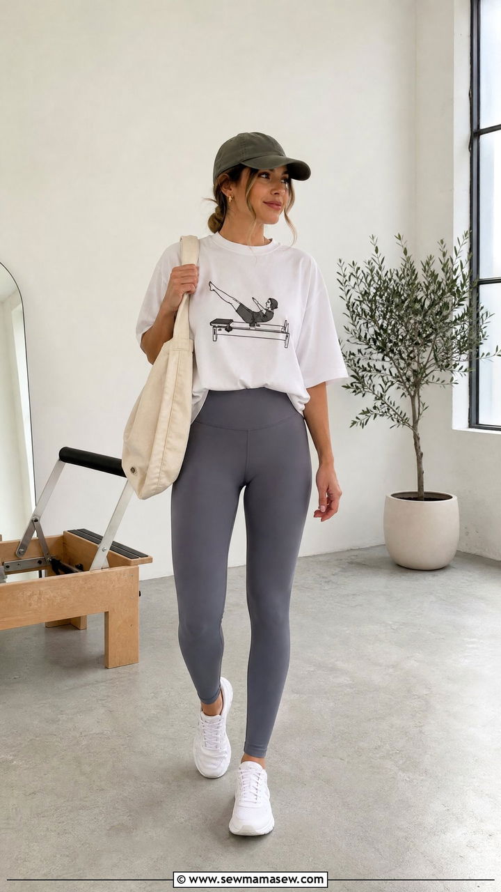 White Graphic Tee and Gray Leggings - 30 Mat Pilates outfit ideas