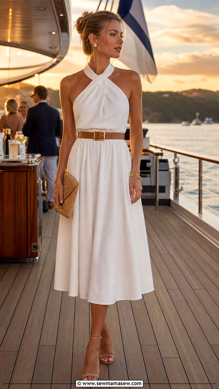 White Halter Dress and Woven Clutch - 30 Old money outfit ideas for yacht club