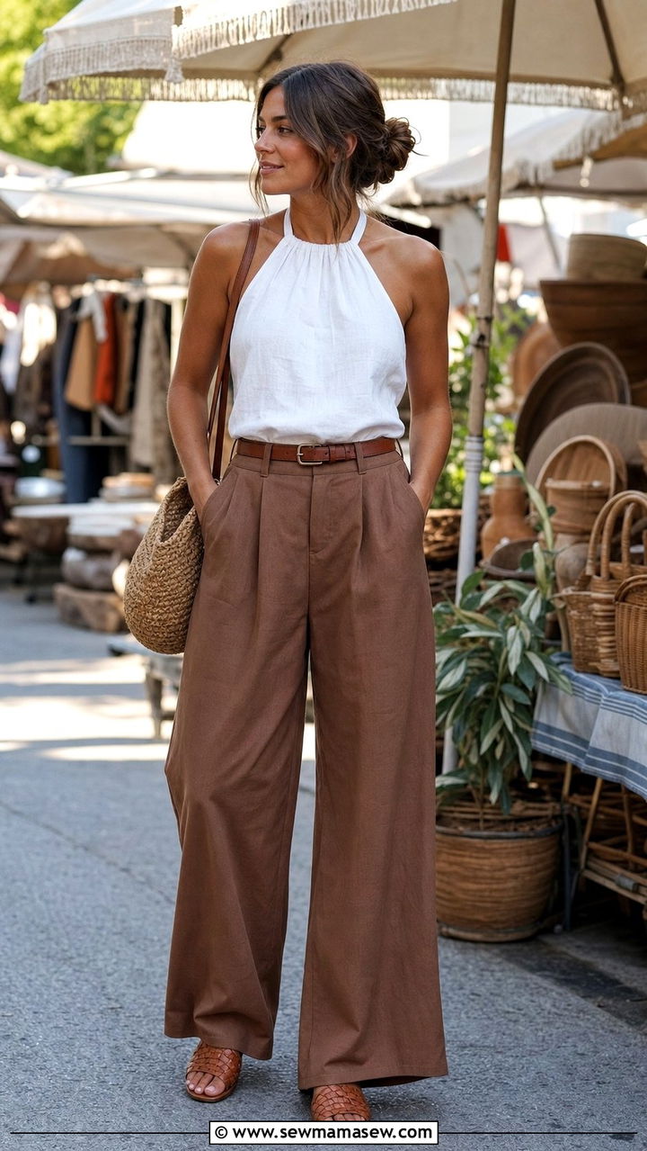 White Halter Top With Brown Pants - 25 summer halter top outfit ideas