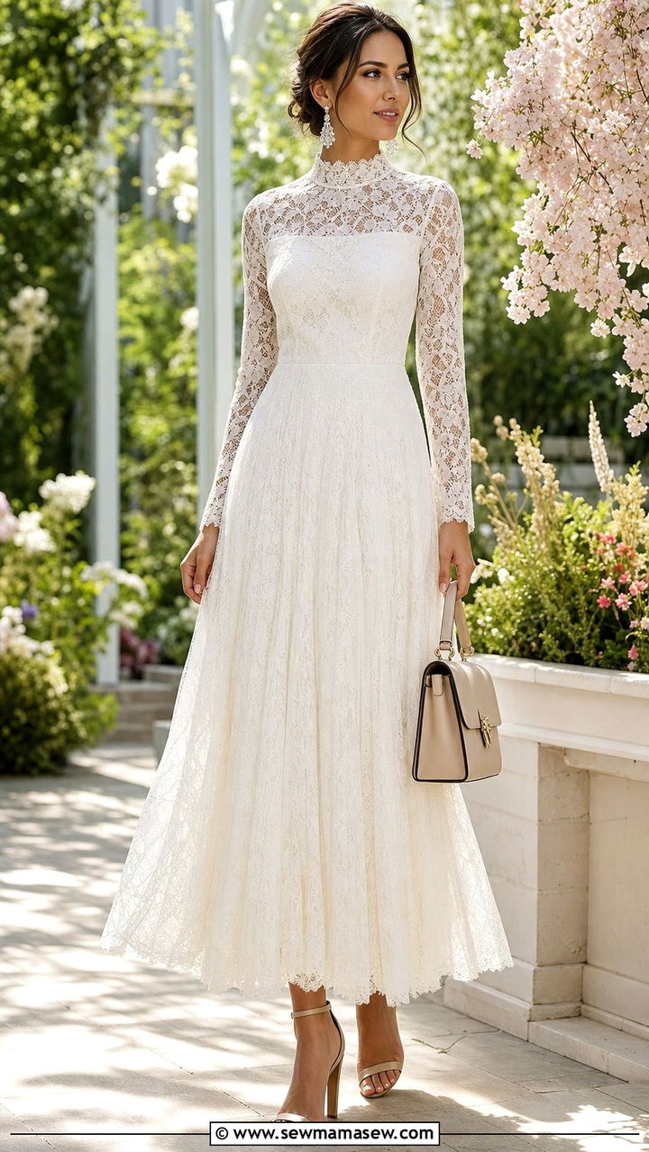 White High Neck Lace Dress For Garden Parties - 25 spring white dress outfit ideas