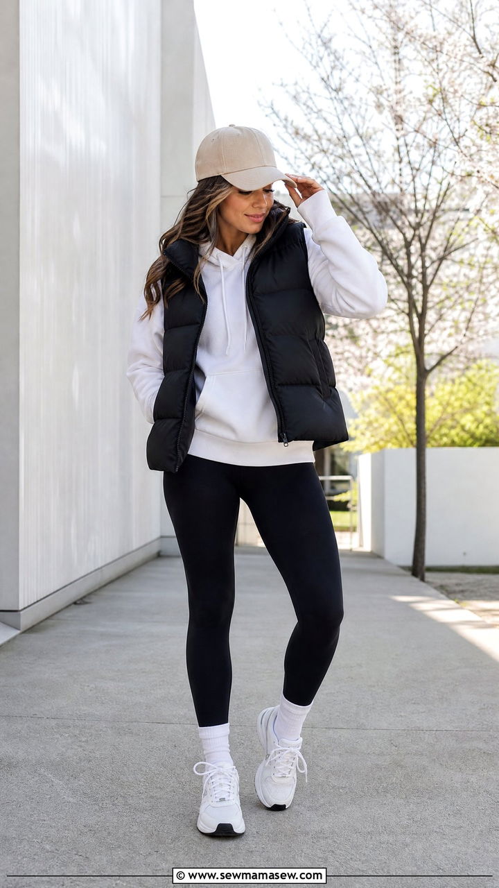 White Hoodie With Black Puffer Vest And Leggings - 30 spring athleisure outfits