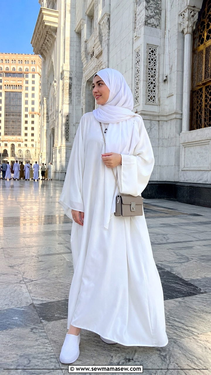 White Ihram Style Abaya With Cotton Hijab - 20 Modest outfit ideas for Hajj