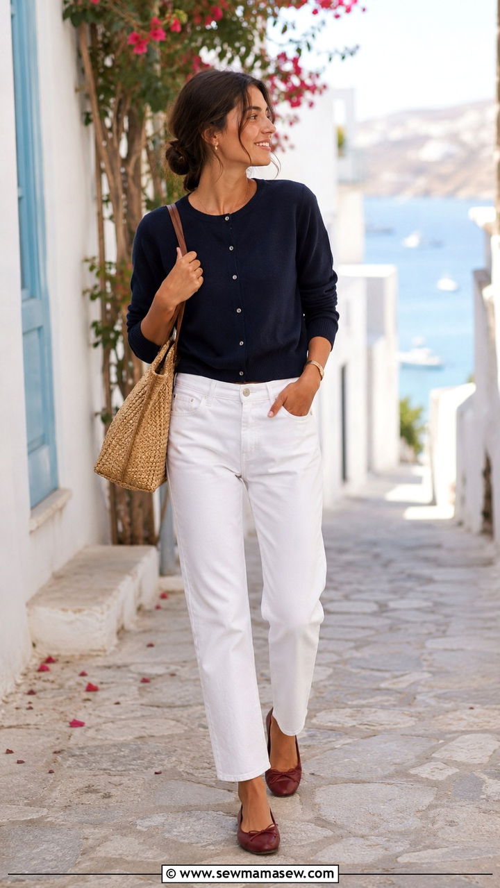 White Jeans And A Navy Cardigan With Ballet Flats - 25 Old money outfit ideas with ballet flats