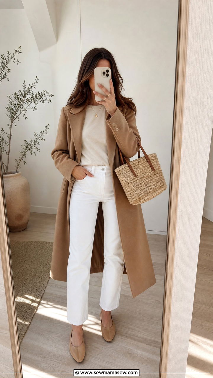White Jeans And Camel Coat Outfit - 25 jeans outfits aesthetic