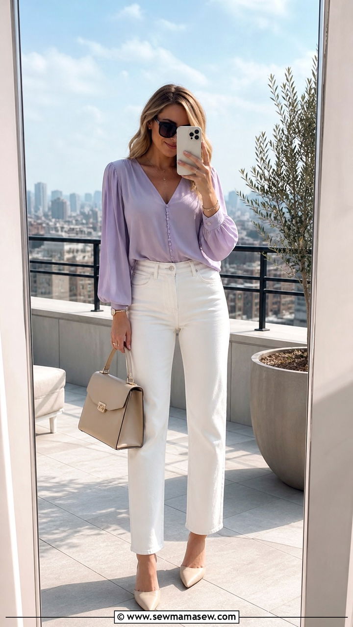 White Jeans And Pastel Blouse - 40 Spring rooftop outfits