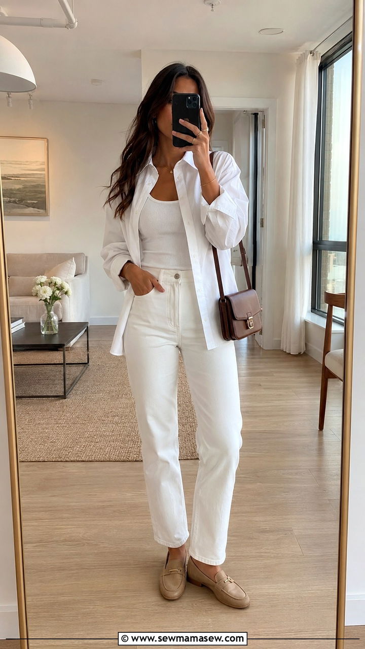 White Jeans And Tank Top With Button Down Shirt - 20 Summer outfits for 75 degree weather