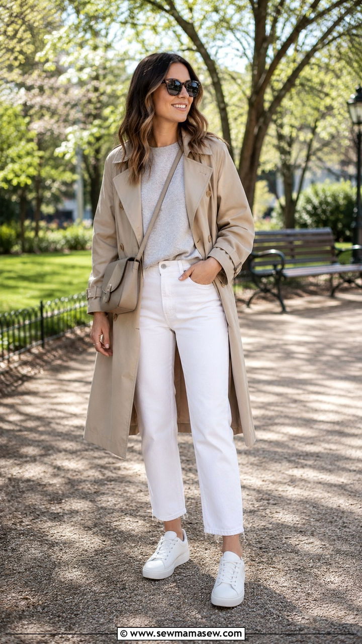 White Jeans And Trench Coat With Sneakers - 25 White jeans outfit ideas with a trench coat