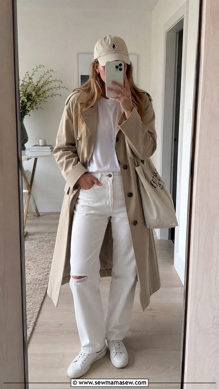 White Jeans Trench Coat And Baseball Cap - 25 White jeans outfit ideas with a trench coat