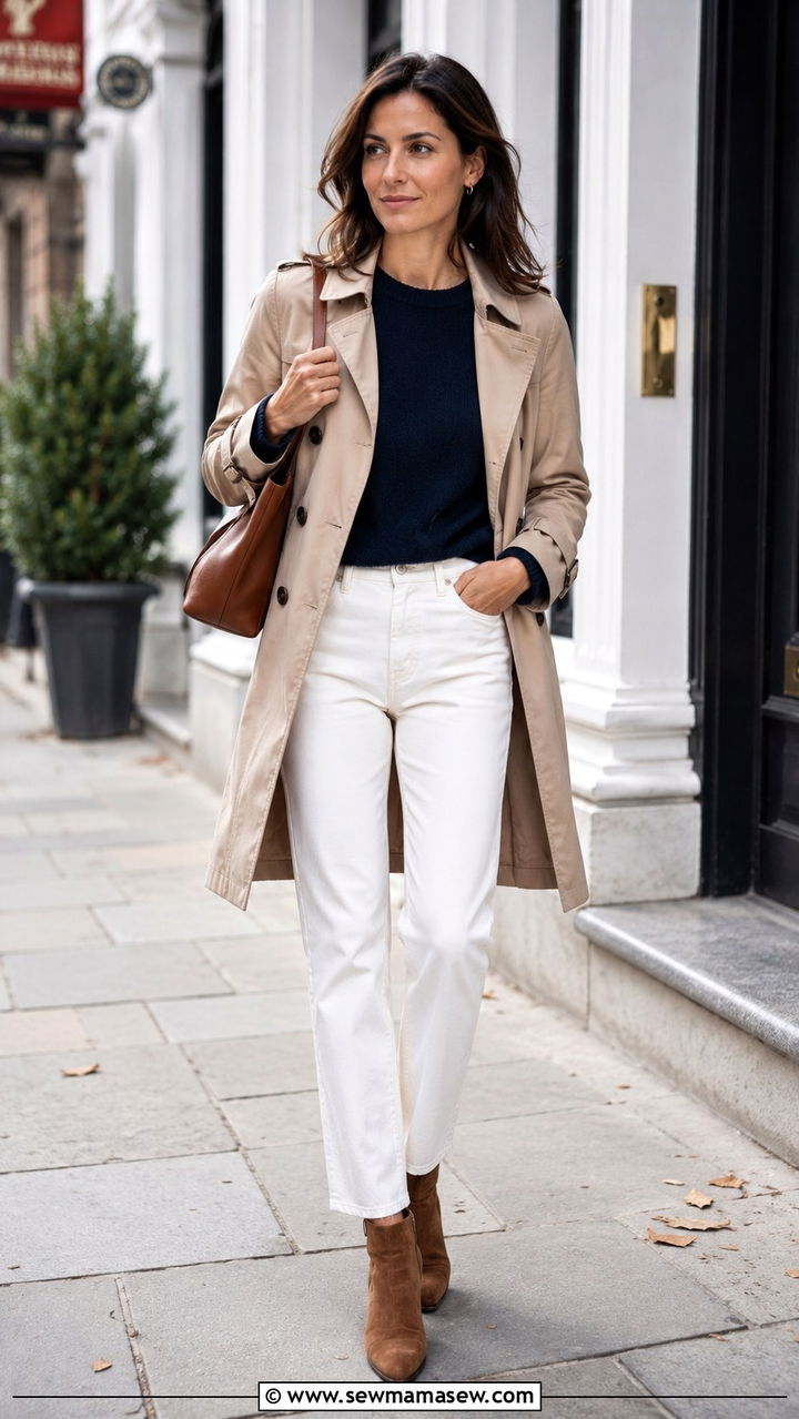 White Jeans Trench Coat And Navy Sweater - 25 White jeans outfit ideas with a trench coat