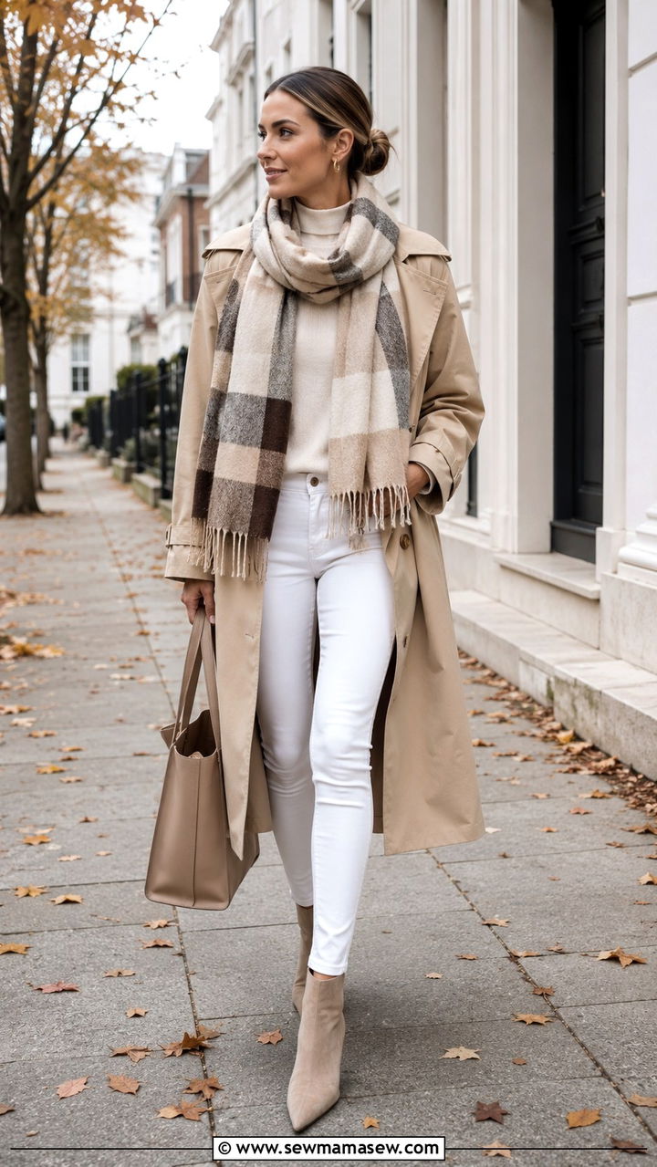White Jeans Trench Coat And Scarf Outfit - 25 White jeans outfit ideas with a trench coat