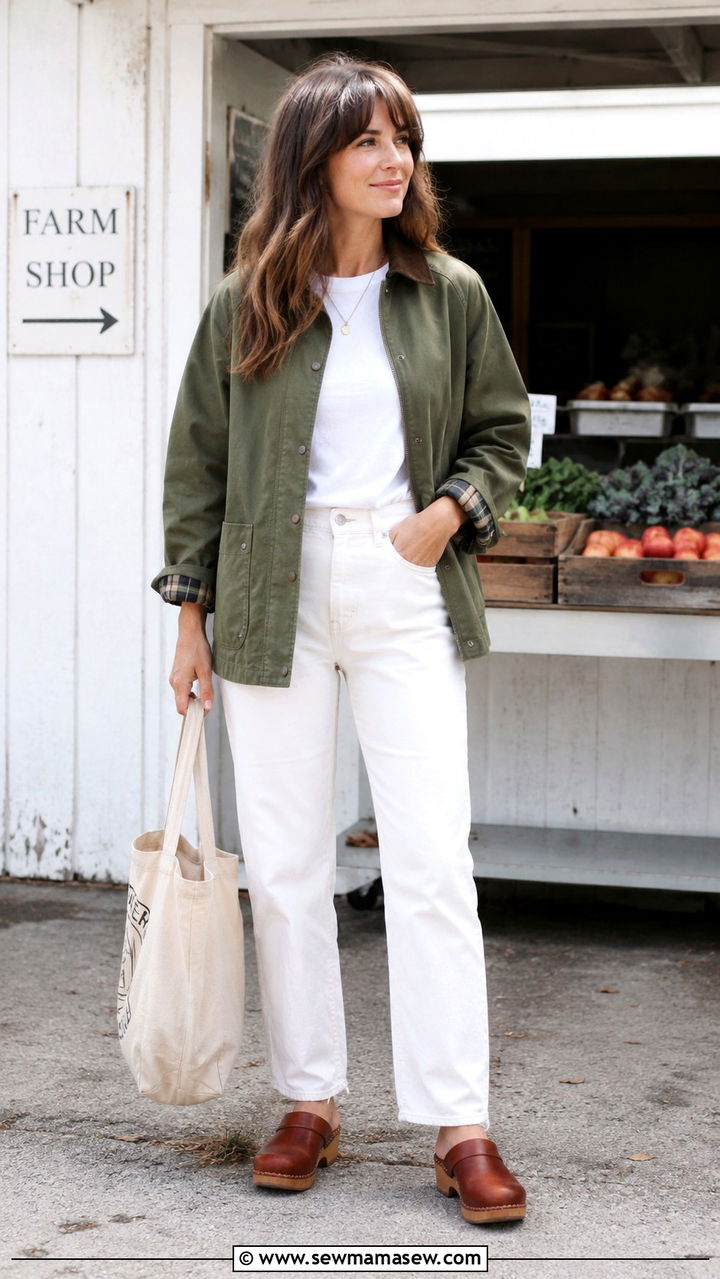 White Jeans With Barn Jacket And Clogs - 30 Spring outfits with white jeans