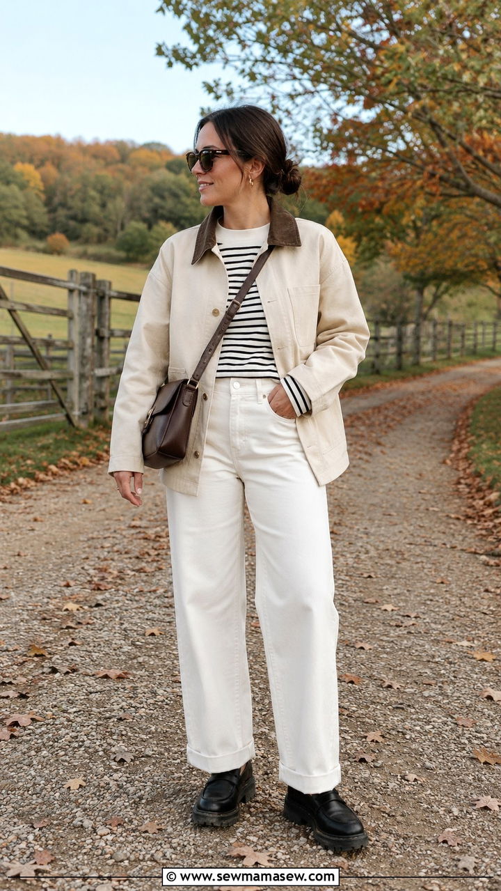 White Jeans With Barn Jacket and Lug Sole Loafers - 25 White jeans outfit ideas with flats