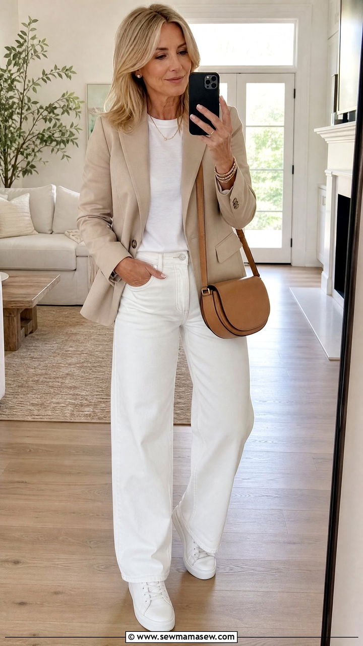 White Jeans With Beige Blazer And White Sneakers - 35 jeans outfits for women over 40