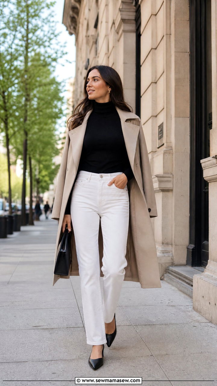 White Jeans With Black Turtleneck And Trench Coat - 30 First warm day outfits