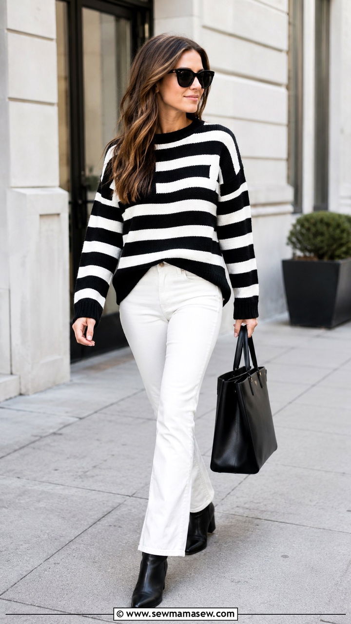White Jeans With Black and White Striped Sweater Outfit - 25 White jeans outfit ideas with a sweater