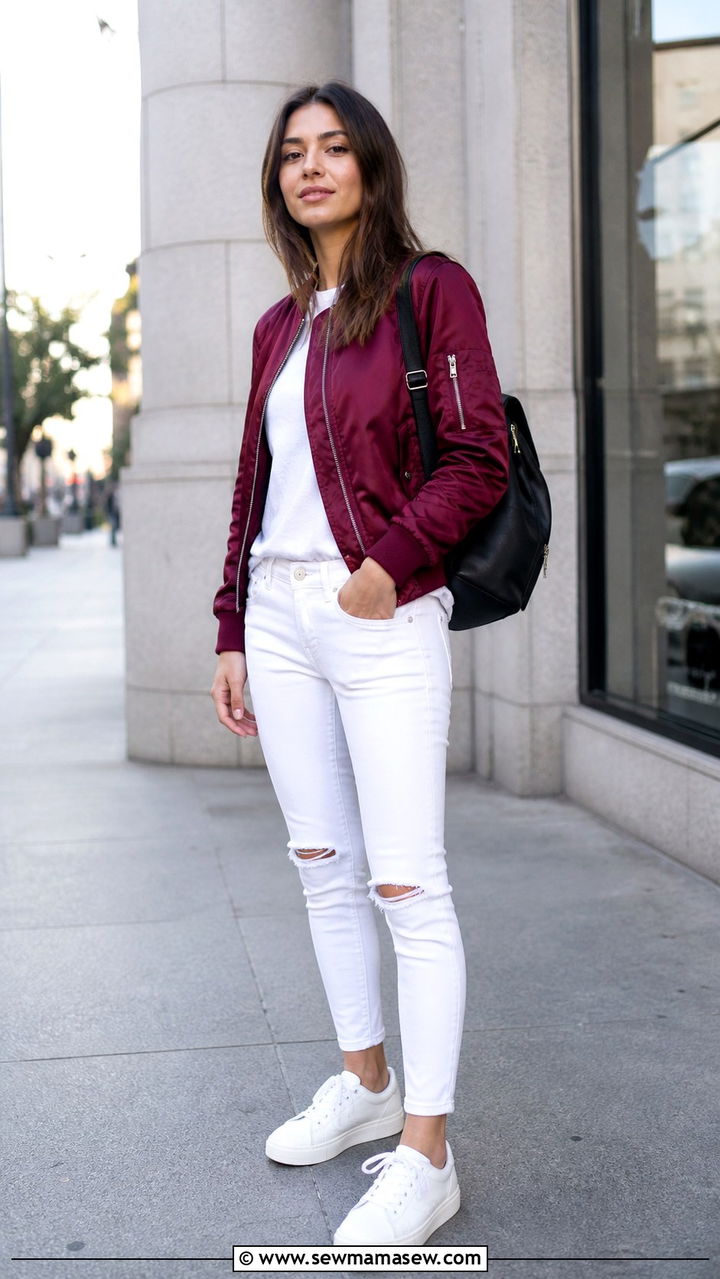 White Jeans With Bomber Jacket And Sneakers - 40 casual white jeans outfits