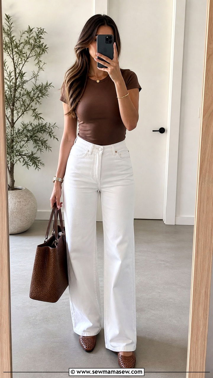 White Jeans With Brown Tee And Woven Flats - 40 summer jeans outfit ideas