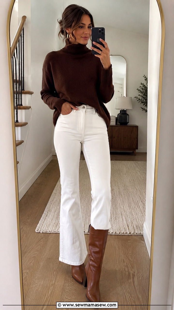 White Jeans With Brown Turtleneck Sweater Outfit - 25 White jeans outfit ideas with a sweater