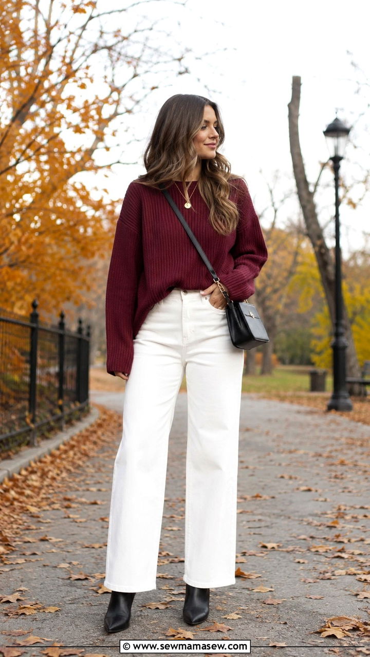 White Jeans With Burgundy Knit Sweater Outfit - 25 White jeans outfit ideas with a sweater