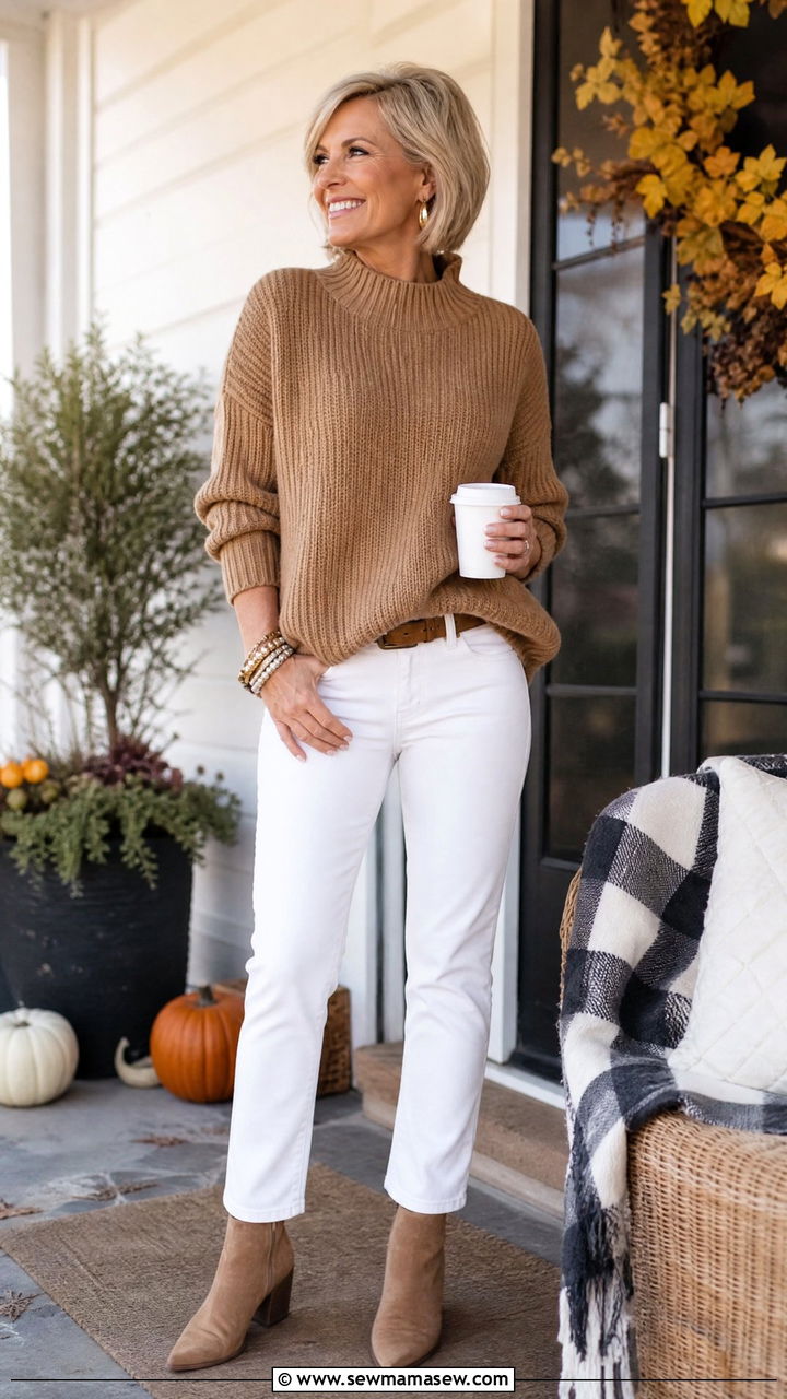 White Jeans With Camel Sweater And Ankle Boots - 35 Jeans outfit ideas for women over 50
