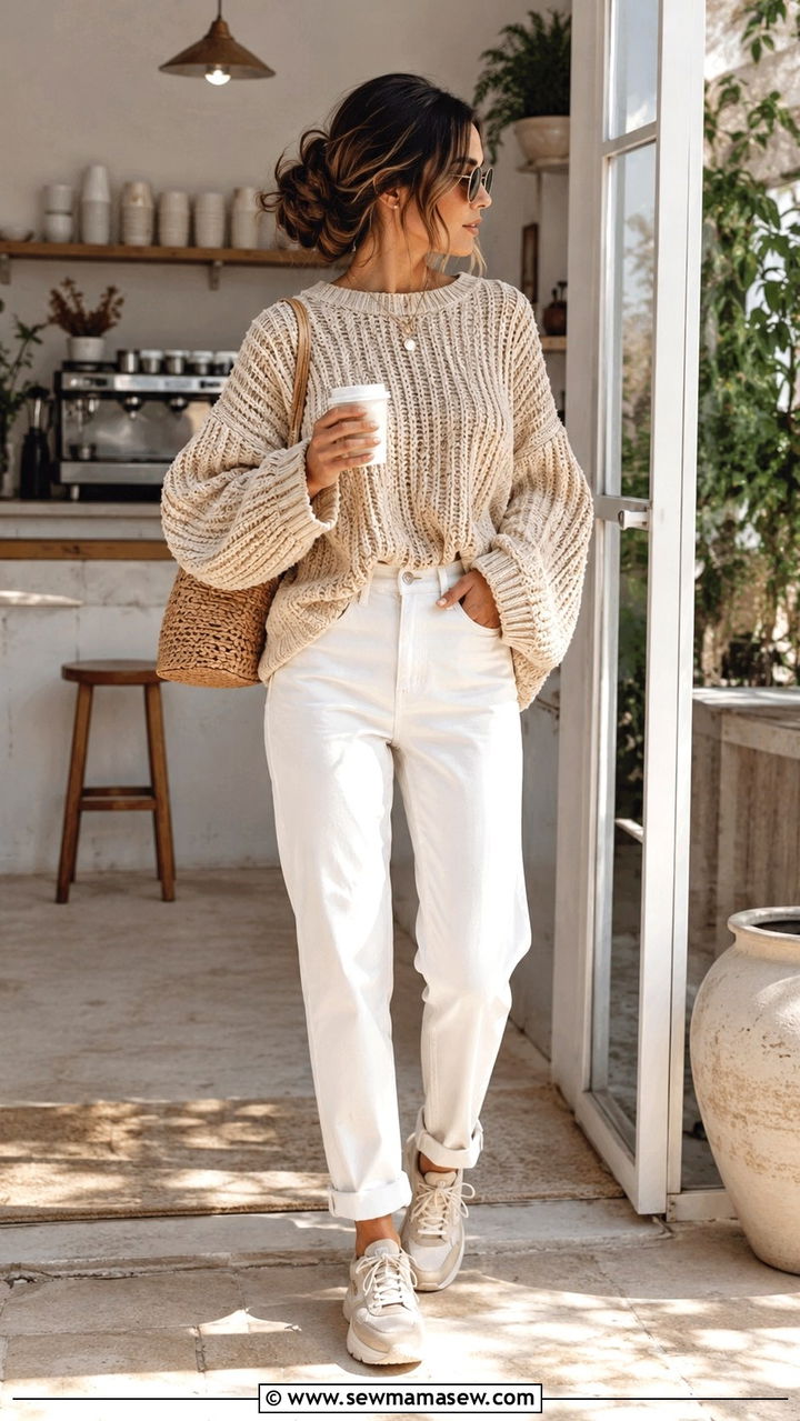 White Jeans With Chunky Beige Sweater Outfit - 25 White jeans outfit ideas with a sweater