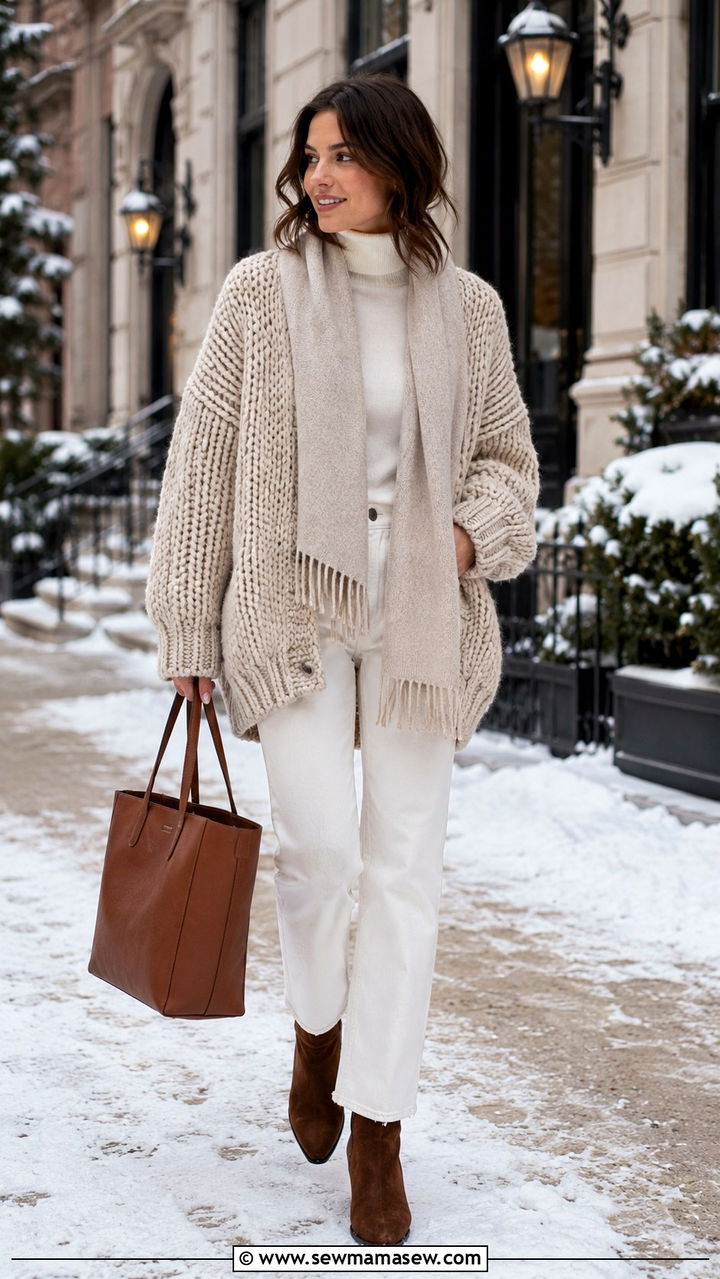 White Jeans With Chunky Knit Cardigan And Boots - 25 White jeans outfit ideas with a cardigan